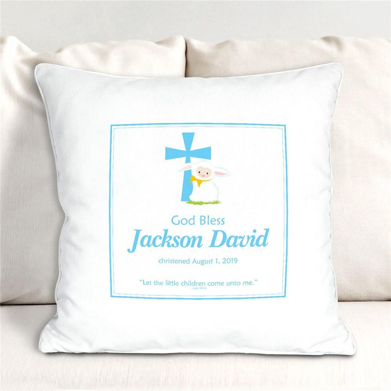 Blue God Bless Christening Personalized Throw Pillow