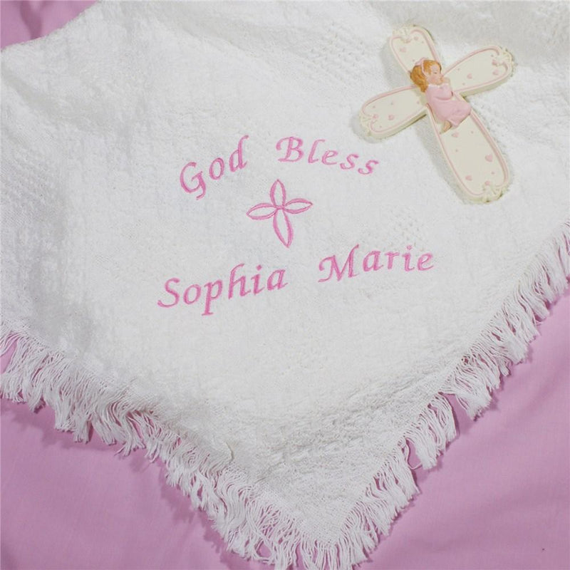 Embroidered God Bless Baby Girl Afghan