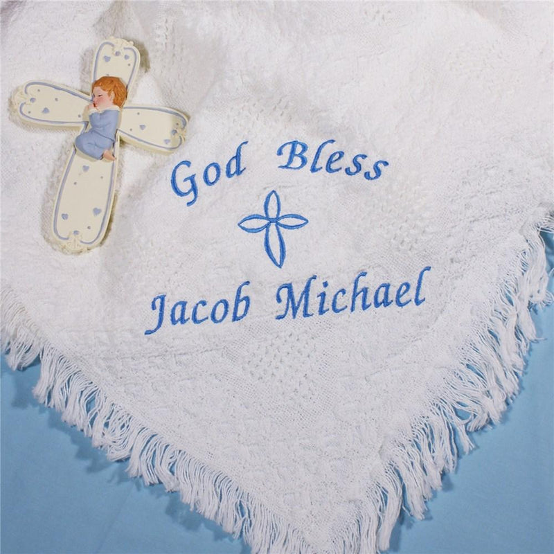 Embroidered God Bless Baby Boy Afghan