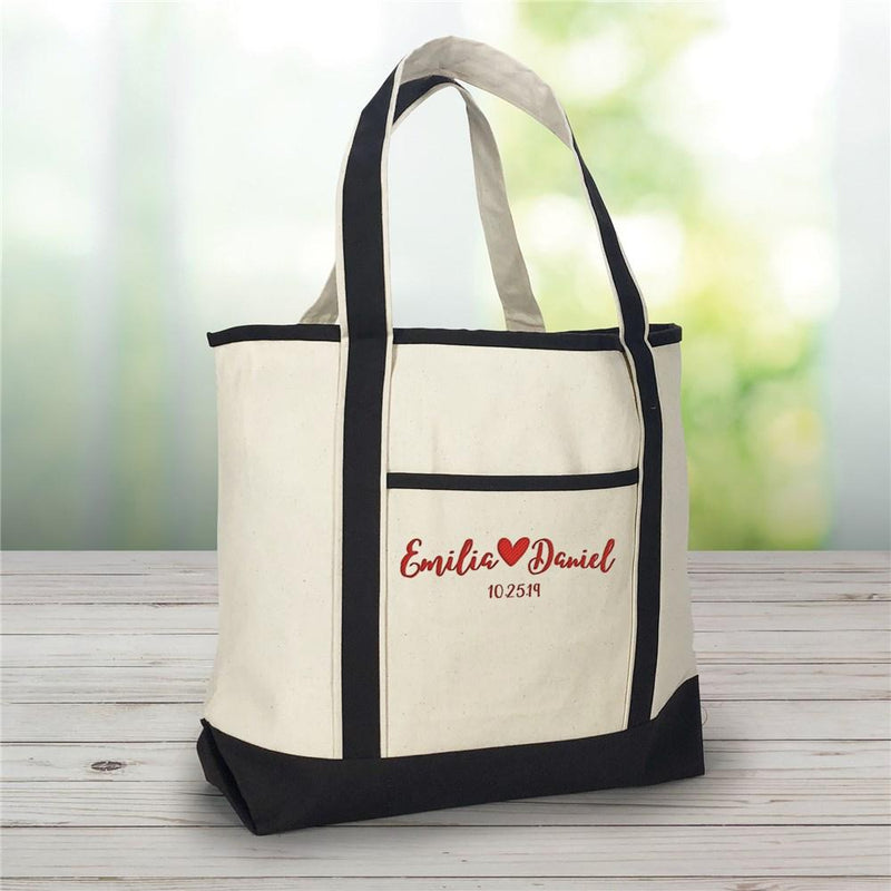 Embroidered Couples Names With Heart Canvas Tote Bag