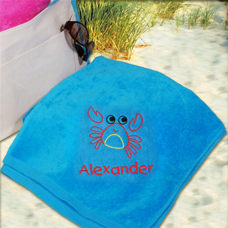 Embroidered Crab Blue Beach Towel
