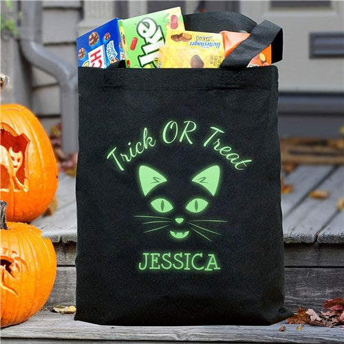Glow In The Dark Trick Or Treat Cat Face Halloween Bag
