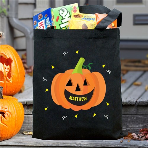 Personalized Smiling Pumpkin Trick or Treat Black Tote Bag - ONLY GIFTS