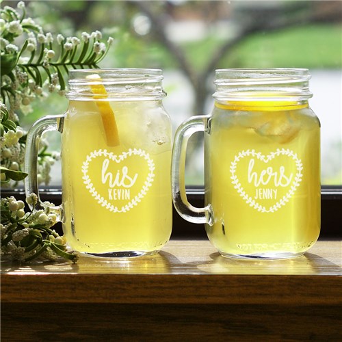 Engraved His and Hers Heart Mason Jar Set