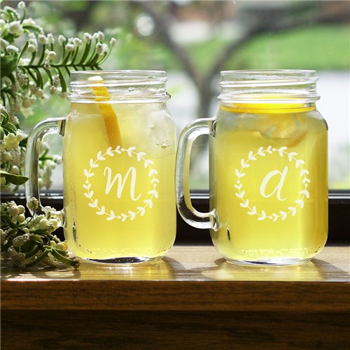 Engraved Wreath Initial Mason Jar Set - ONLY GIFTS