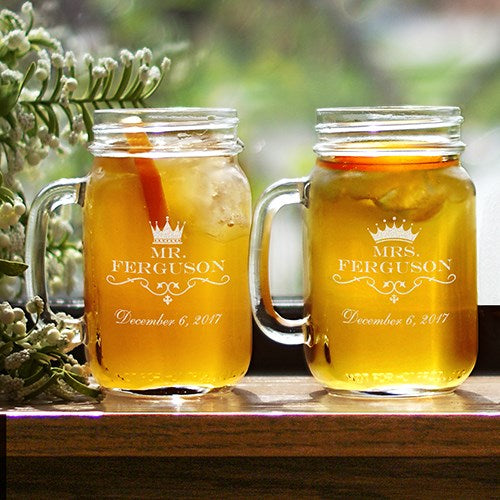 Engraved Mr &amp; Mrs Mason Jar Set - ONLY GIFTS